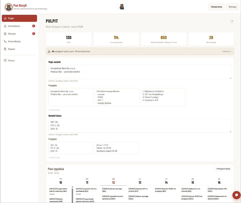 Panel Biuro: pulpit z KPI, notatkami i planem tygodnia